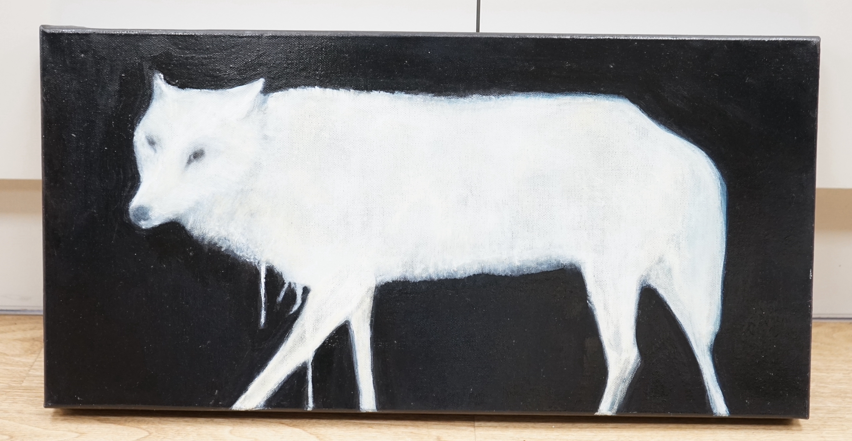Philippa Cannan (contemporary), oil on canvas, 'Night Wolf', unsigned, inscribed verso, 29 x 59.5cm, unframed
